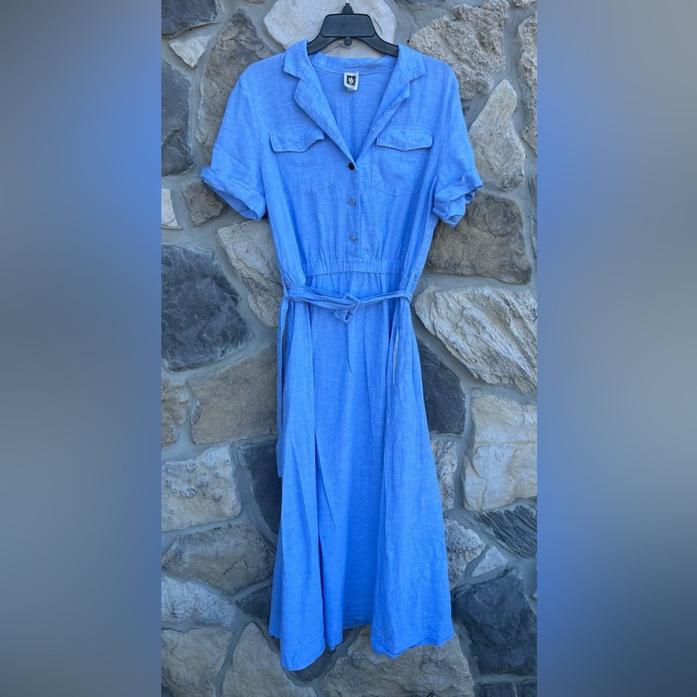 Blue Linen Blend Midi Dress Sz 10 Modest Trad Wife Housewife Pockets Belted